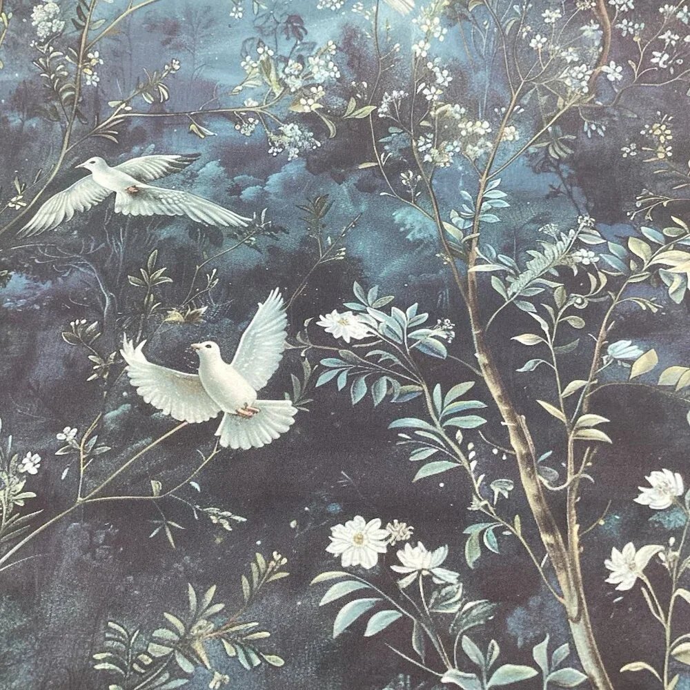 Peel and Stick Wallpaper Floral Doves Bohi Wallpaper Blue White Green Doves